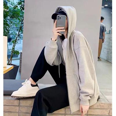 Свитшот Куртка Свободная Весна Осень Новинка Ленивый Топ Корейский Капюшон Молния Серый Повседневный Кардиган