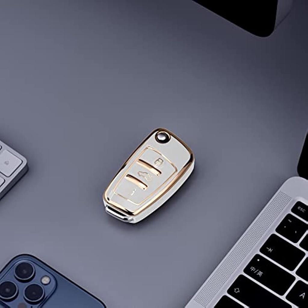 Чехол для ключей подходит для автомобильного ключа для A1 A3 A4 A6 Q3 Q5 Q7 S3 R8 Tt, силиконовый защитный чехол из ТПУ (Золотой Край Белый)