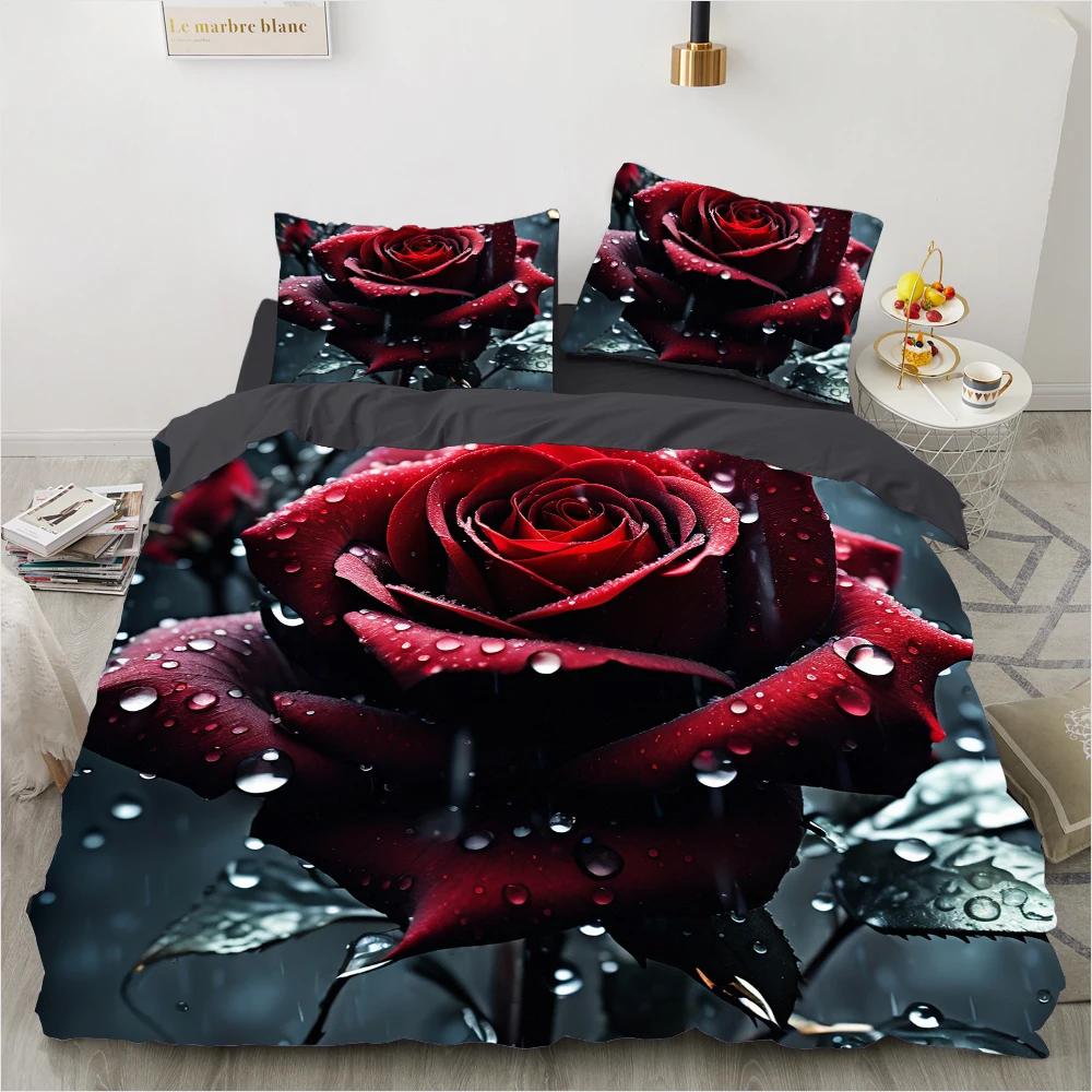 Комплект пододеяльника с красными розами размера Queen King Full 3D Комплекты постельного белья Цветочная наволочка Чехол для одеяла/пододеяльника Наборы постельного белья Постельное белье Кровать 140x200