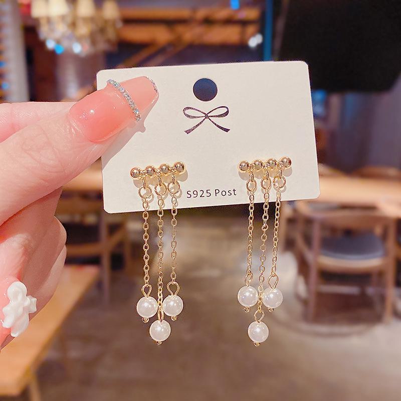 Корейские серьги-кисточки с жемчугом - серебро S925, универсальные и модные