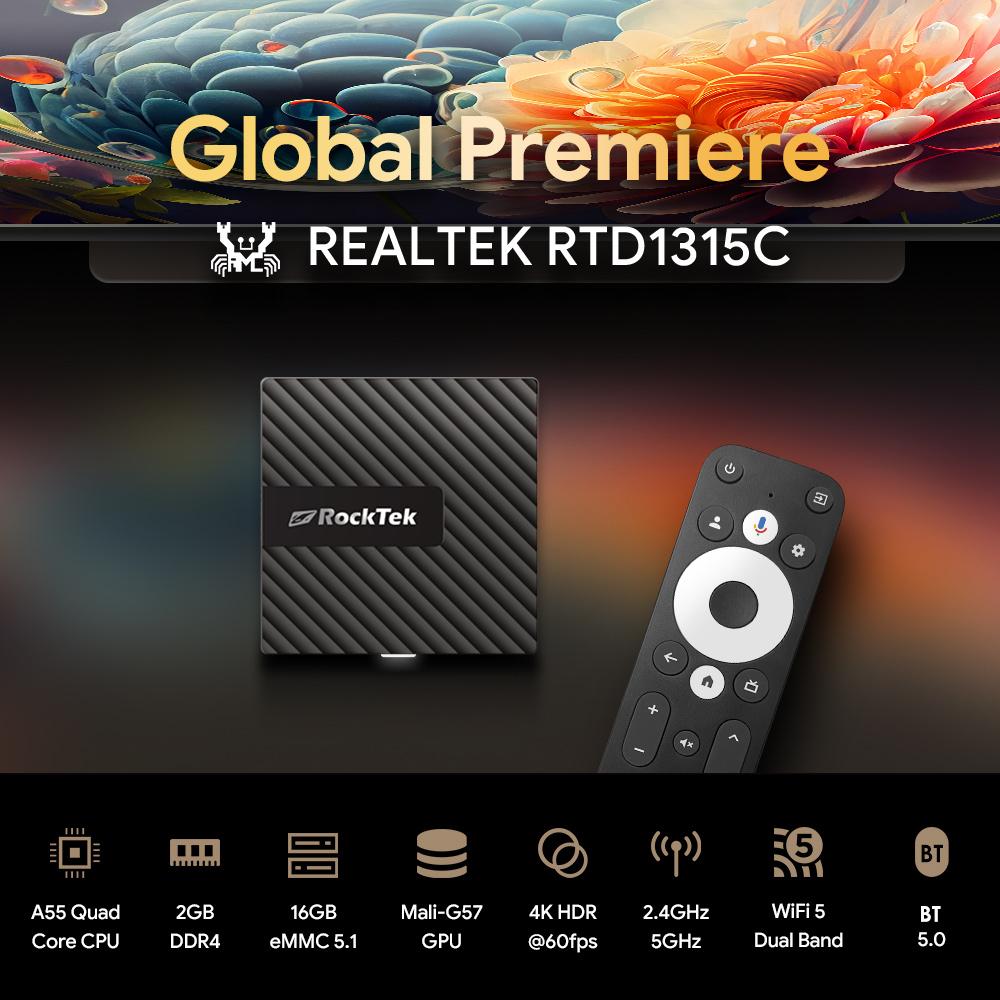 RockTek GB1 Google TV 12 Dongle Netflix & Google Certified 2G 16G DDR4 Realtek1315C Support Dolby Atmos Vision 2T2R Wifi Mini Box
