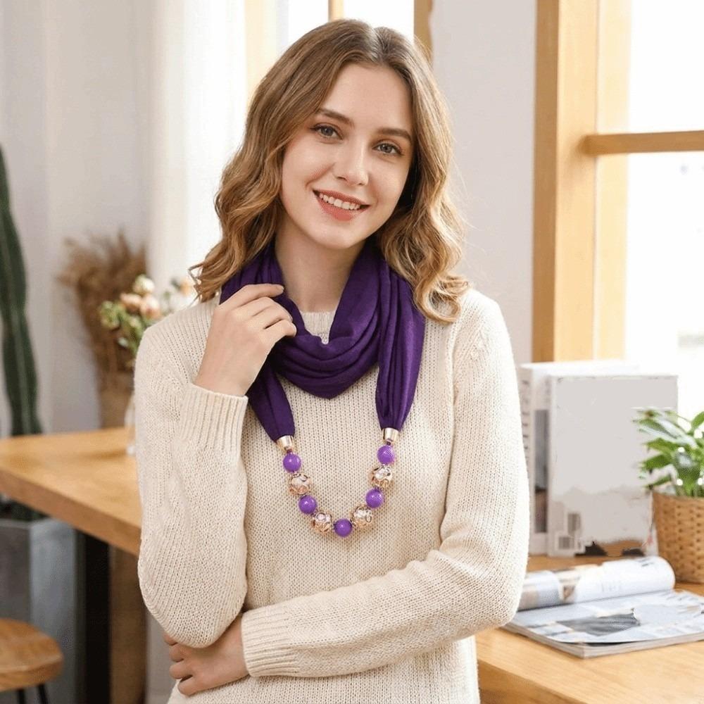 Vintage Style Beaded Pendant Scarf Solid Color Ethnic Necklace Scarf Dancers