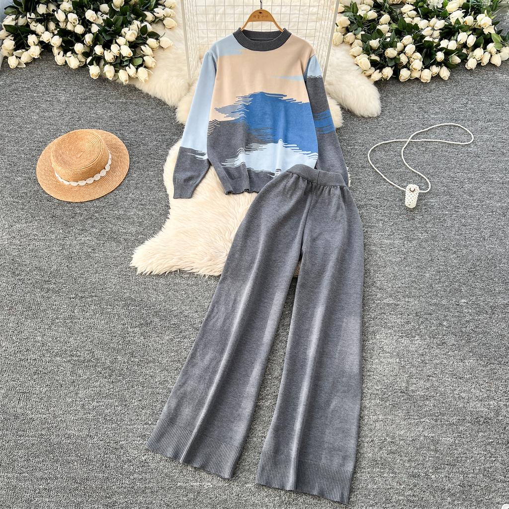 Spring Autumn Oil Painting Print Knitted Sweater Trouser Two Piece Set Women Pullover Tops and Wide Leg Pants Tracksuit