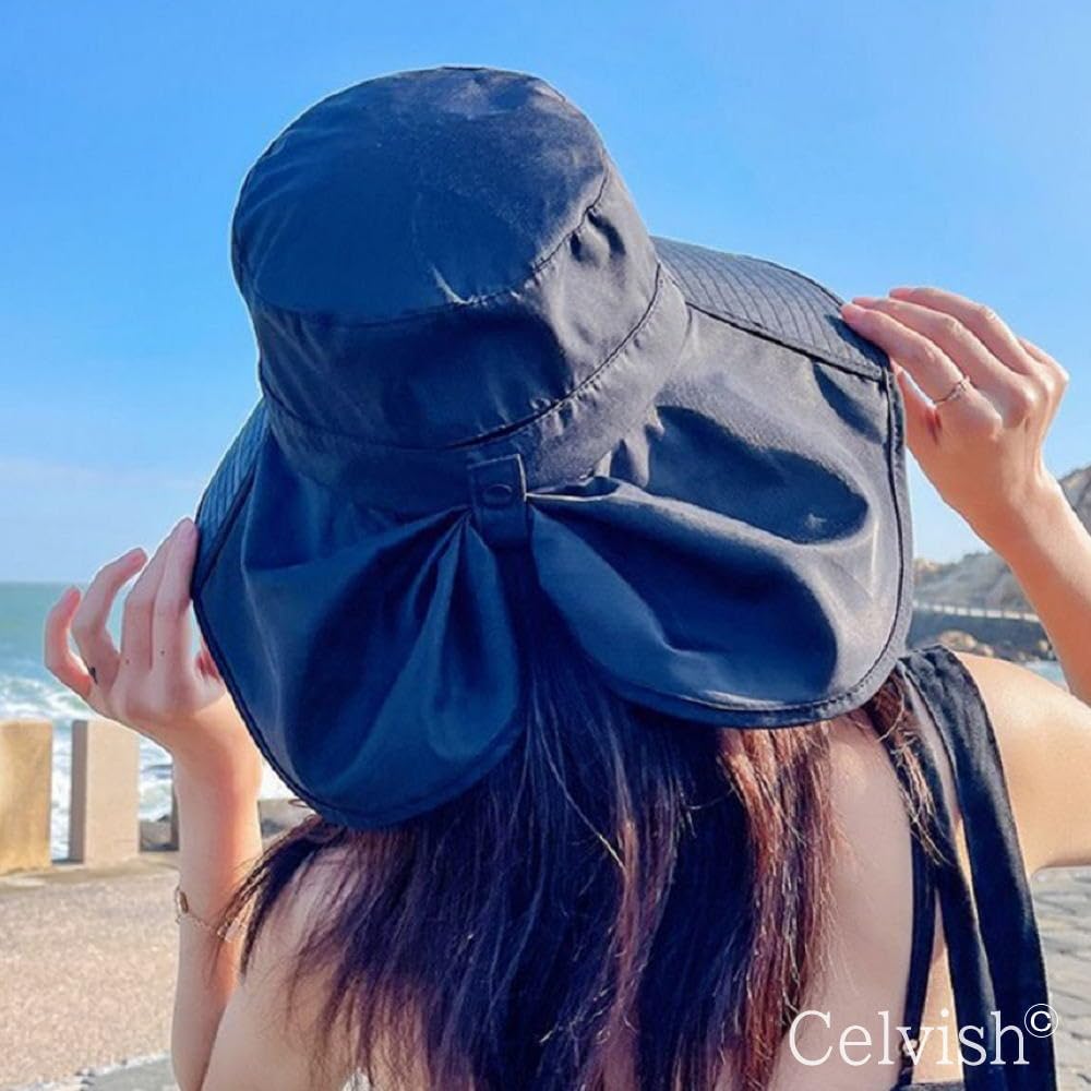 УФ-защита Широкополая с подбородком Компактная Черная [Celvish] Женская Шляпа, Поля, Ремешок, Складывающаяся, Легкая,