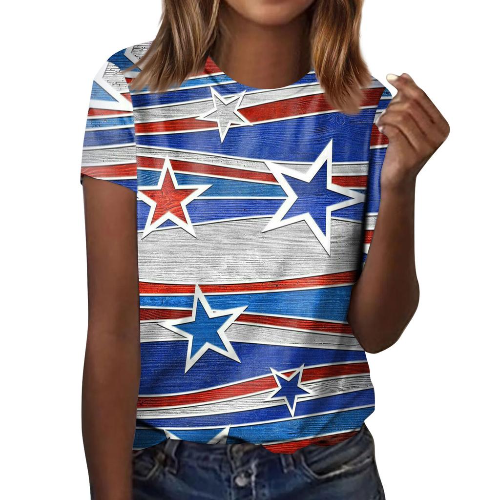 Women's Fashion Casual Independence Day Printed Round Neck Short Sleeve T-Shirt Top