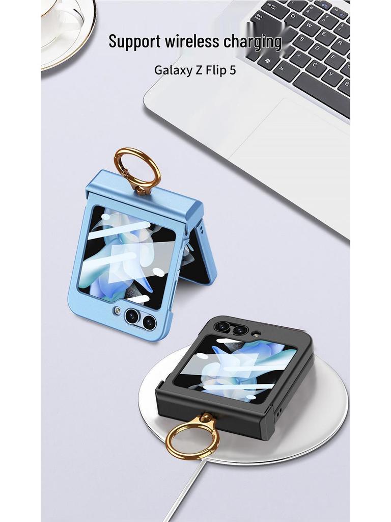 GKK Полностью закрывающий матовый чехол для Samsung Z Flip5 с кольцом-держателем и маленьким складным шарниром.