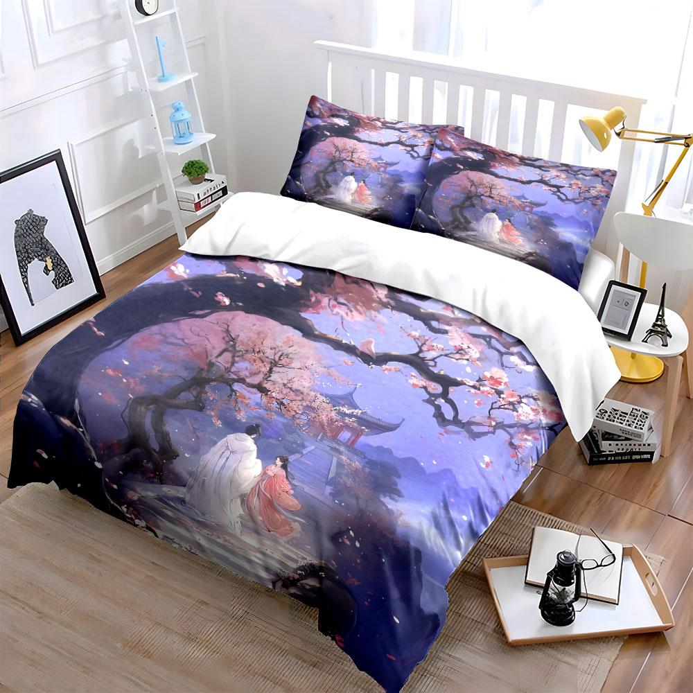Ancient Chinese Couple Bedding Set, Romantic Cherry Blossom Scene Print Duvet Cover + 2 Pillowcases, Fantasy Romance Decor