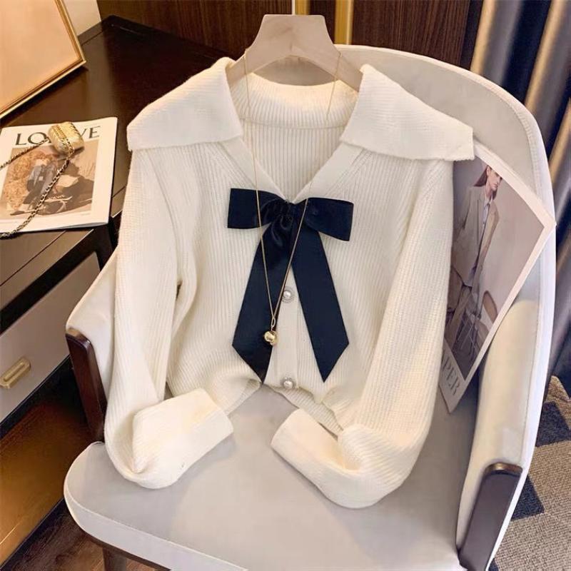 Свитер с воротником-бабочкой, кардиган, вязаная куртка, женская зимняя 2023, французский мягкий восковой Повседневный кардиган с длинными рукавами, женский топ