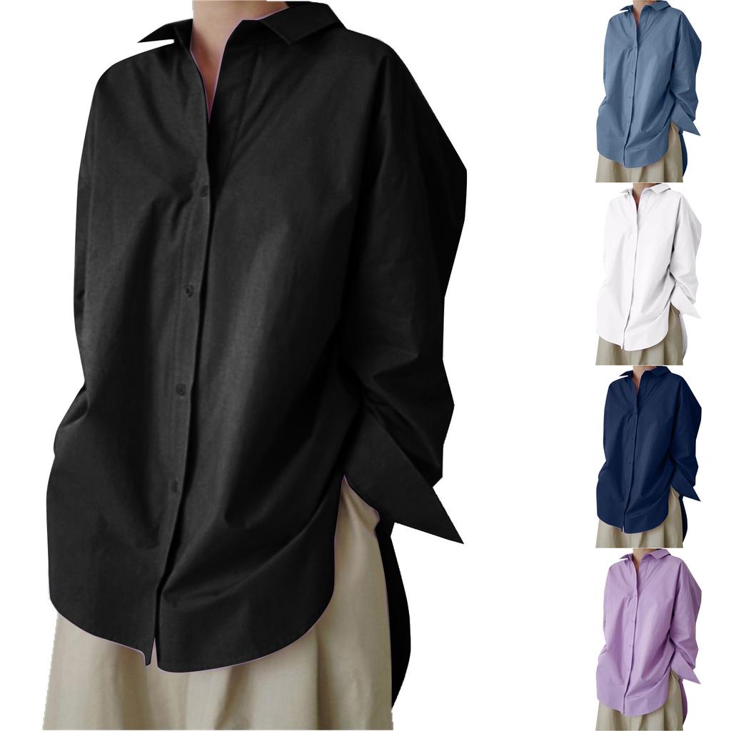 Women's  Casual Fashion Solid Color Single-breasted Lapel  Stitching Long-sleeved Loose Shirt