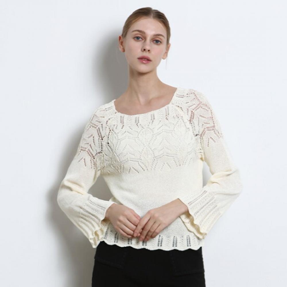 Ozoc Round Neck Long Sleeve Lace Sweater