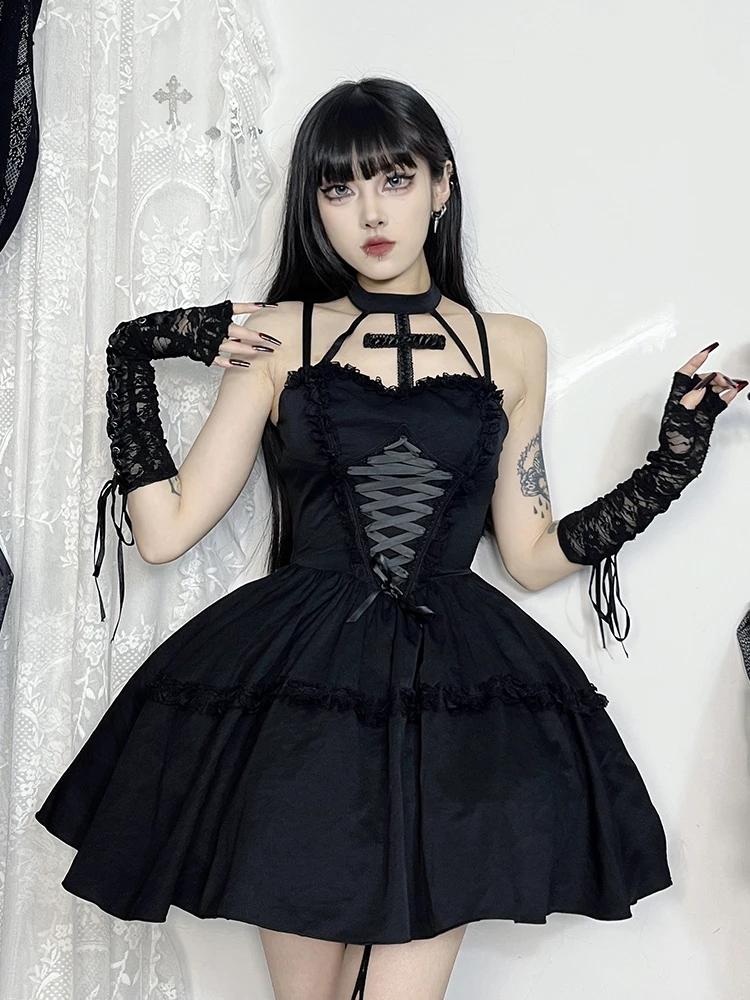 AltGoth Fairycore Гранж Принцесса Платье Женщины Y2k Mall Готический Уличная Элегантный Кружева Лоскутное Бандаж Корсет Платье Праздничная Одежда