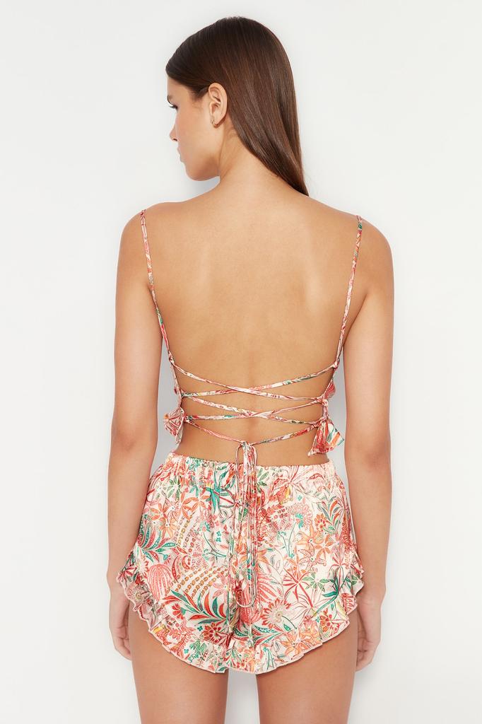 Women's Fashion New Pajama Set Powder-Multi-Colored Ruffle and Back Detailed Satin Athlete-Shorts Woven Pajama Set