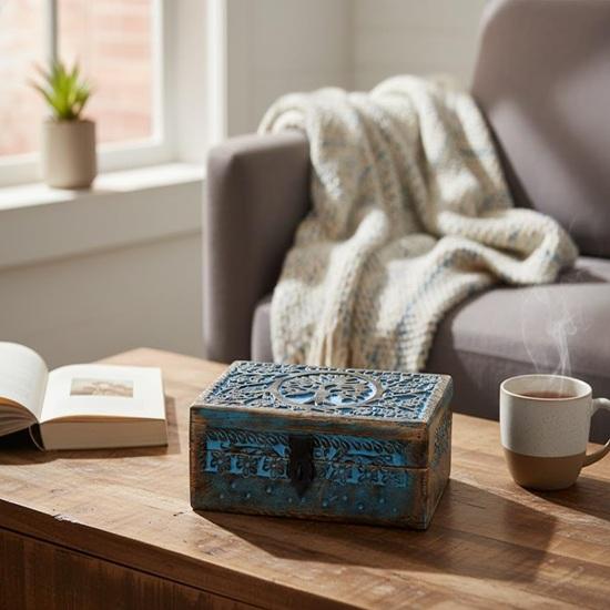 20.32 cm Wooden Jewellery Storage Box with Tree of Life Design Blue Trinket Organizer with Metal Lock Ideal for Women, Wedding Festival Gifts