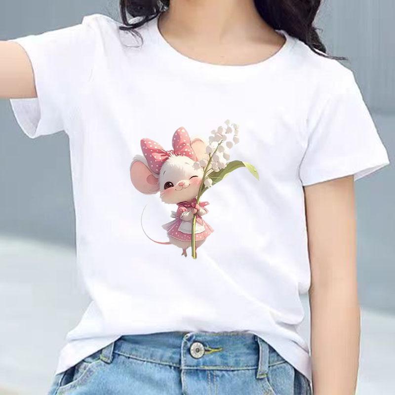 Kids Cotton T Shirt Sweet Mouse With Lily Flower Print Crew Neck Short Sleeve Tee Casual Boys Girls Summer Tops
