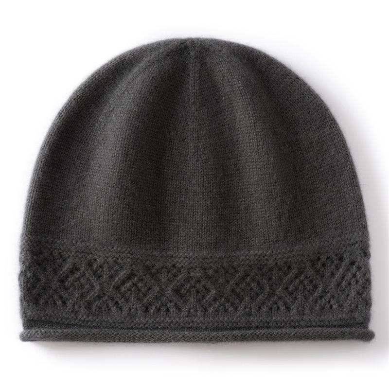New cashmere blended rolled edge hollow warm knitted dome cashmere cap