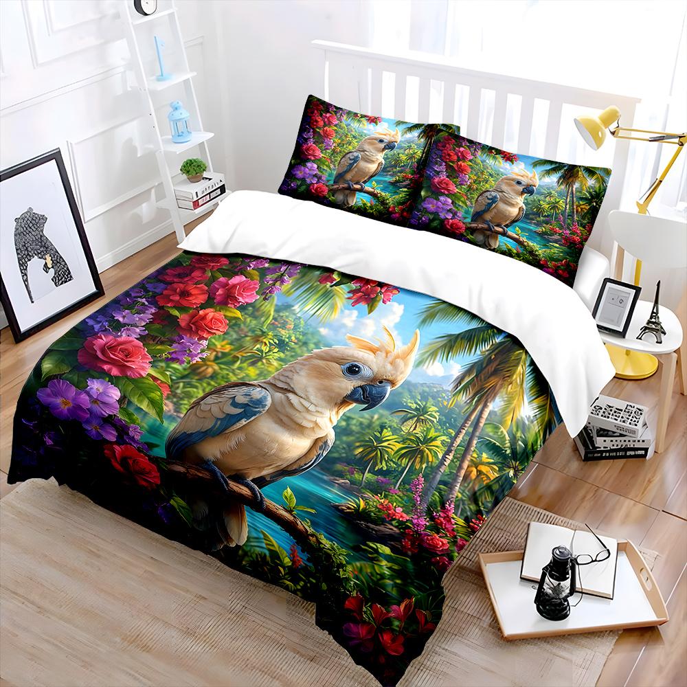 Tropical parrot with vibrant flowers Bedding Set for Kids Luxury Gift 3pcs Digital Print Comforter Set Soft Comfortable