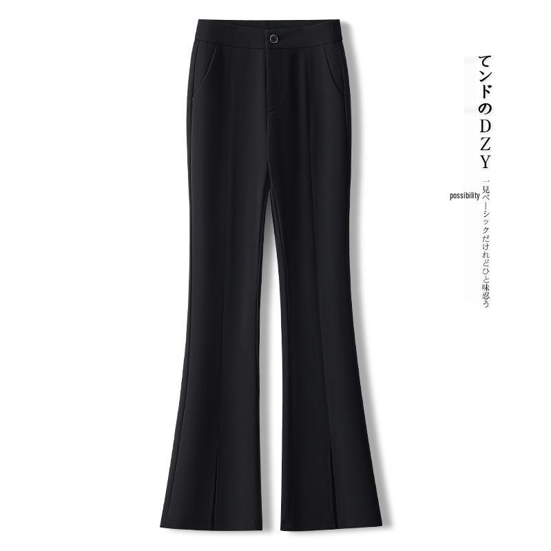 Women's Black High-Waist Flare Pants with Slit - New 2025 Spring/Autumn Slimming Style