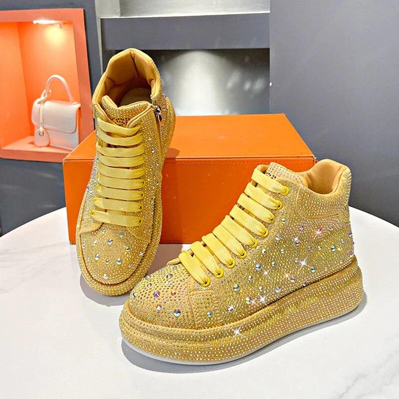 Новые осенние женские туфли на платформе со стразами, белые серебряные туфли на толстой подошве, кроссовки с блестящими кристаллами, трендовые повседневные ботильоны 43