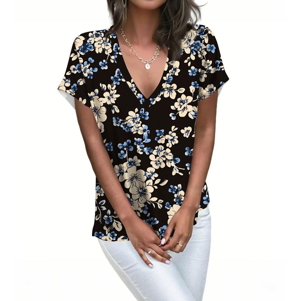 Womens Short Sleeve V-Neck Shirts Floral Print Loose Casual Basic Tees Summer Tops