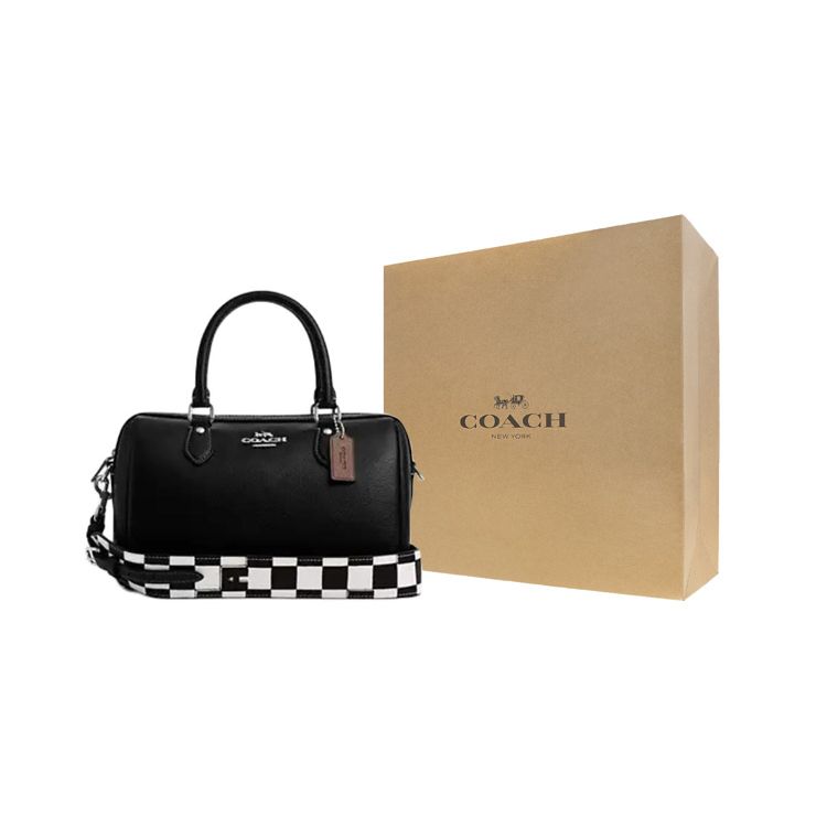 Coach Rowan 25 Checkered Print Design Leather And Canvas Tote Shoulder Crossbody Bag Medium Women bags Black CR102-SVA16