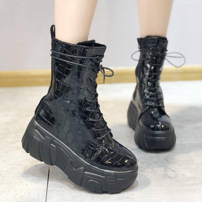 Новый продукт Карманные Мотоциклетные Ботинки Женские Туфли На Платформе Шнуровка Толстая Подошва Черные Туфли Женские Полуботинки Mujer