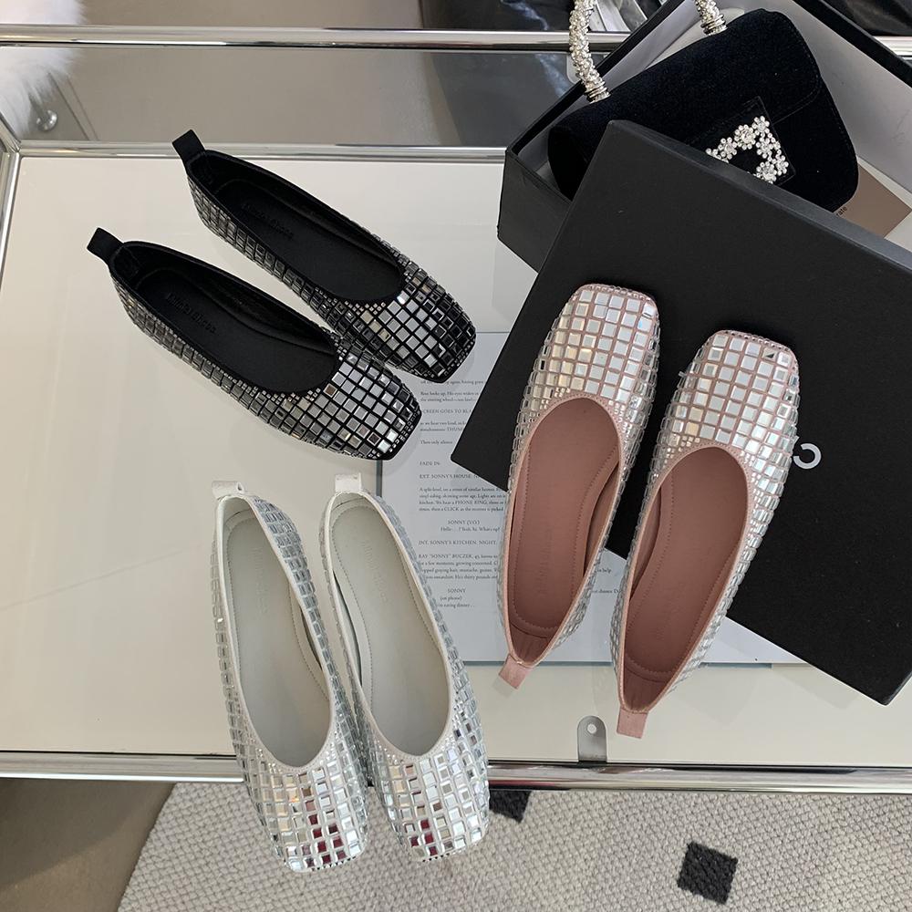 Модные женские туфли-лоферы с круглым носком, цепочкой из кристаллов и страз, 2024, новые поступления, модные черные, серые, розовые, балетки для танцев на открытом воздухе, Janes