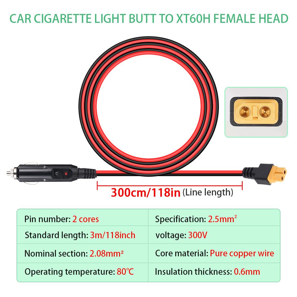 XT60 Female Head H to Point Cigarette Head 10FT 14AWG 20A Insurance Car Charger and XT60 Adapter Cable Car to Solar Generator