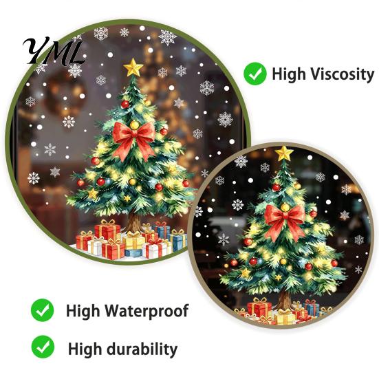 Creative Room Embellishments Christmas Tree Static Window Sticker, Waterproof PVC Decal, Watercolor Clings Snowflake Glass for Holiday Home