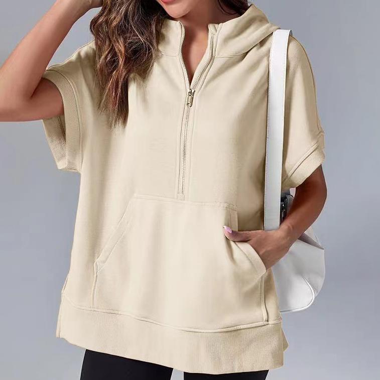 Весенняя женская однотонная модная повседневная толстовка с капюшоном и коротким рукавом