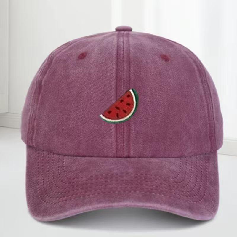 Retro washed black baseball cap, printed watermelon slice logo - Unisex's and Women's universal curved cap, suitable for outdoor, t