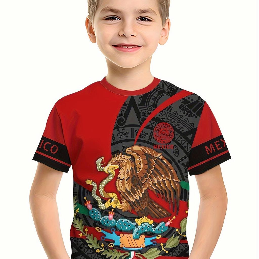 Детская одежда для мальчиков, летняя мода, 3D-графический принт с флагом Мексики, футболка с коротким рукавом, яркие цвета, идеально подходит для повседневной носки