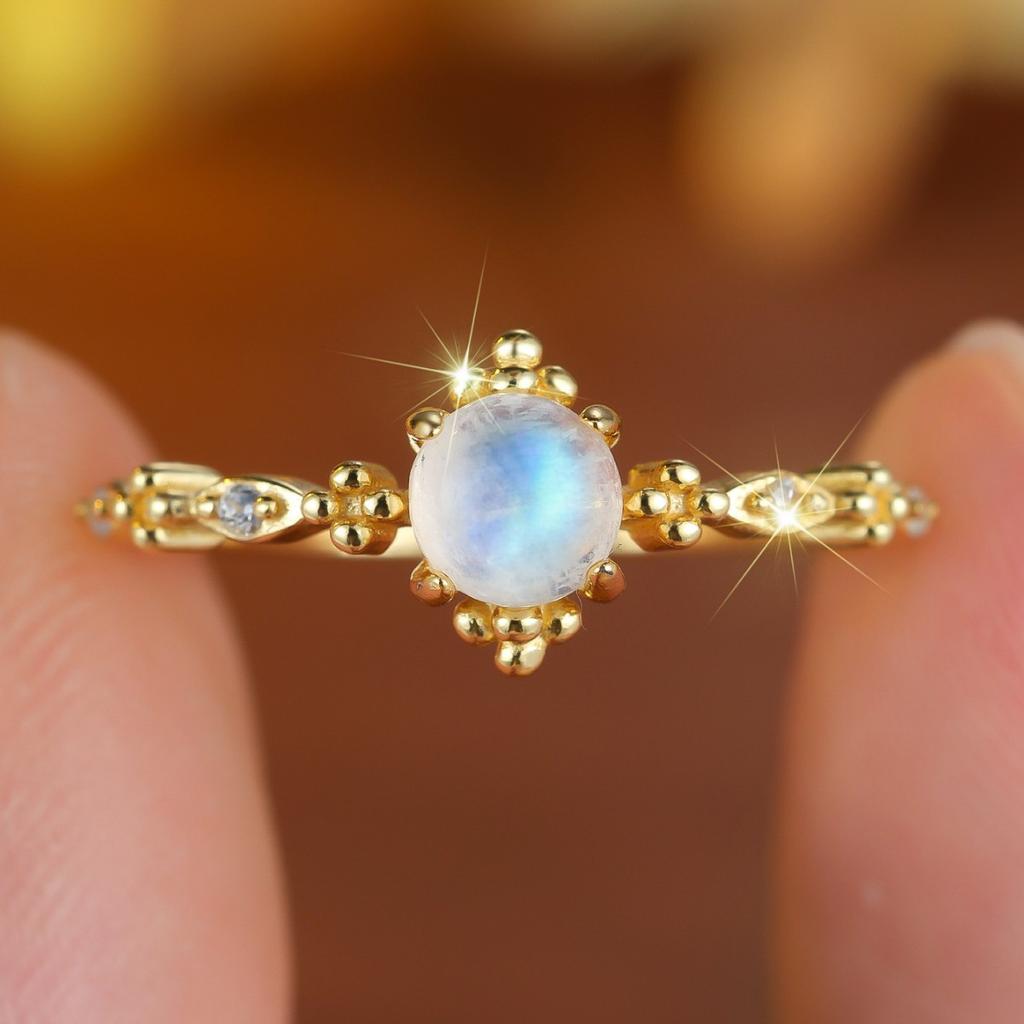 Round Moonlight Stone Lace Ring Female Niche Versatile Finger Fashion Handmade Ring