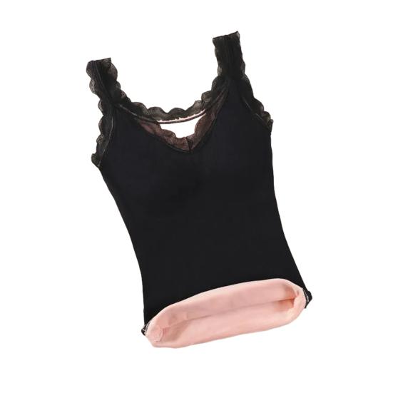 Women's Thermal Tank Top Lace Trim Sleeveless Camisole Shirts Fleece Lined V Neck Warm Base Layer Cami Underwear Tops with Built-in Bra