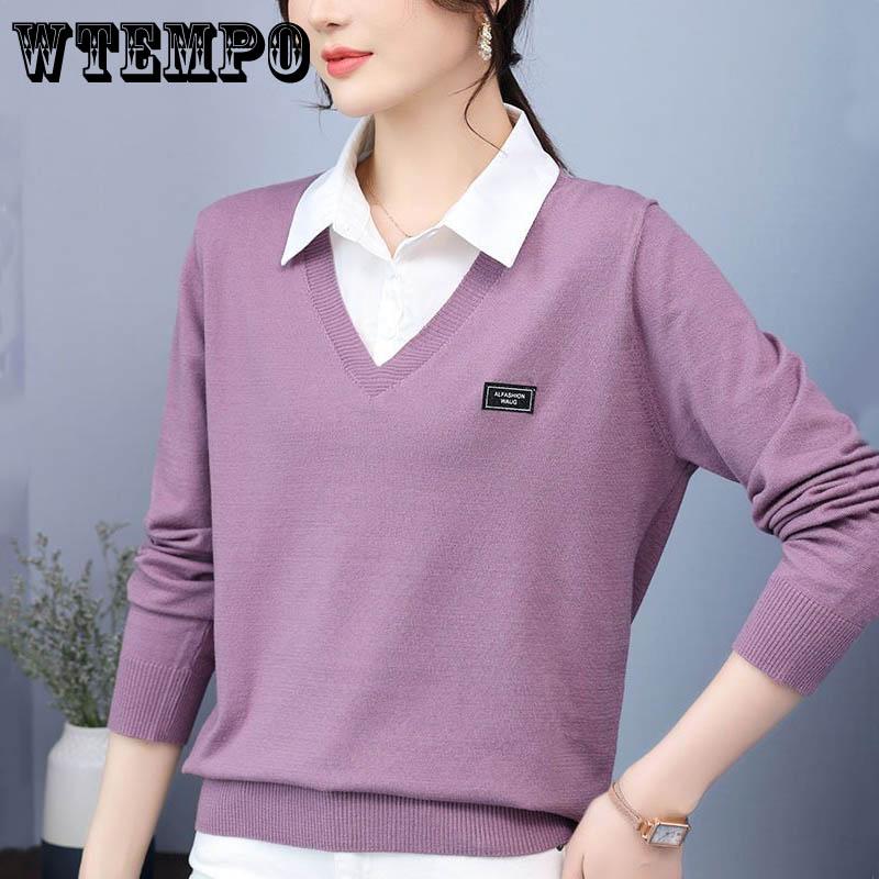 Женский искусственный свитер из двух частей, осенне-зимний корейский вариант, универсальная вязаная нижняя рубашка, пуловер, вязаный топ с лацканами