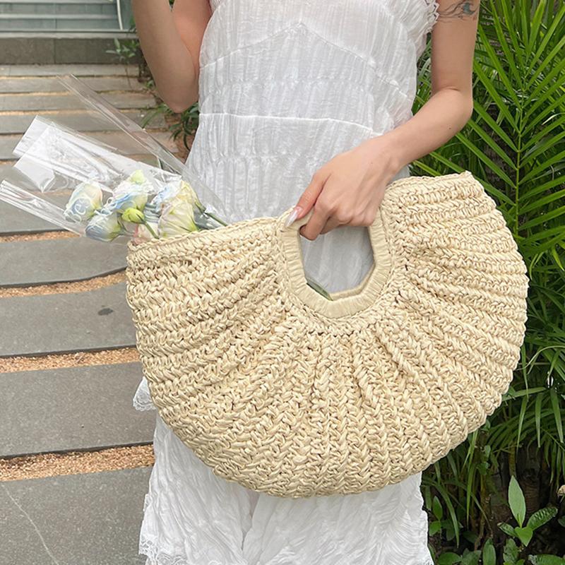 Woven Straw Bag Moon Large Capacity Purse and Handbag For Women Beach Basket Bags Fashion Travel Shoulder Shopper Totes