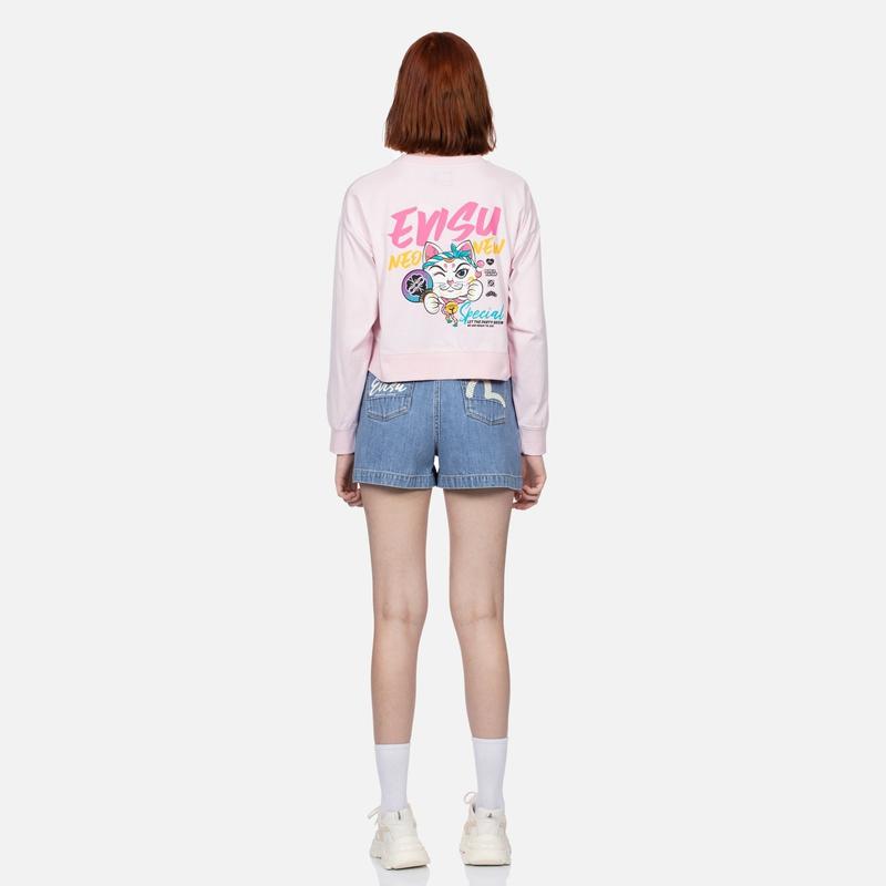 Evisu SS24 Счастливый Кот и Семья Цветок Логотип Принт Лонгслив Футболка Женские топы Розовый 2ESHTW4TL4031CPCT