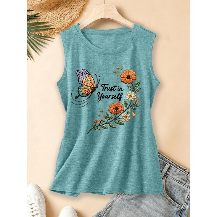 2026 New spring, summer, and autumn women's round-neck design Orange Blossom and Colorful Butterflies Inspirational English Daily Commuting