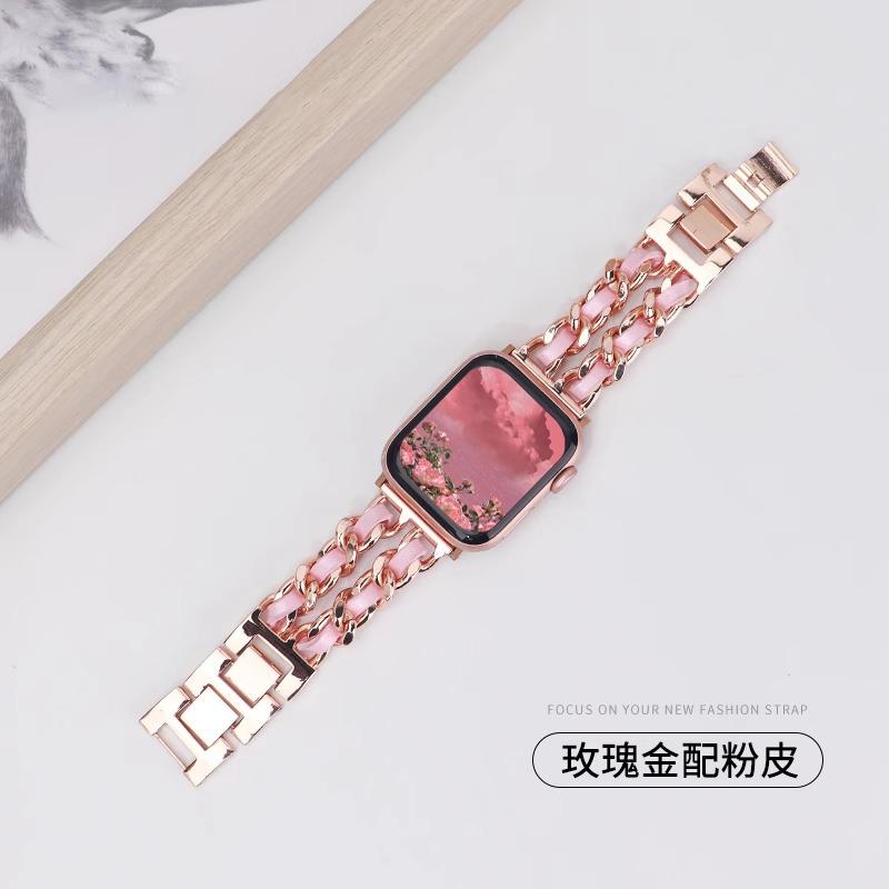 Watchband Double Row Metal Denim Chain Gold Wristband for Apple Watch Band 38 40 41 42 44 45 49 Mm Strap Lady Metal Leather Bracelet