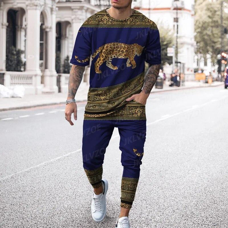 New Boutique Leopard Print Men’s Trousers Tracksuit 2 Piece Set Streetwear Short Sleeve T Shirt+Long Pants Clothes Male Clothing