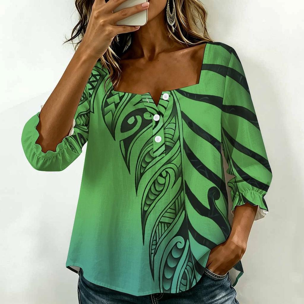 Womens Plus Size Square Neck Long Sleeve Front Button Loose Casual Versatile Daily Blouse