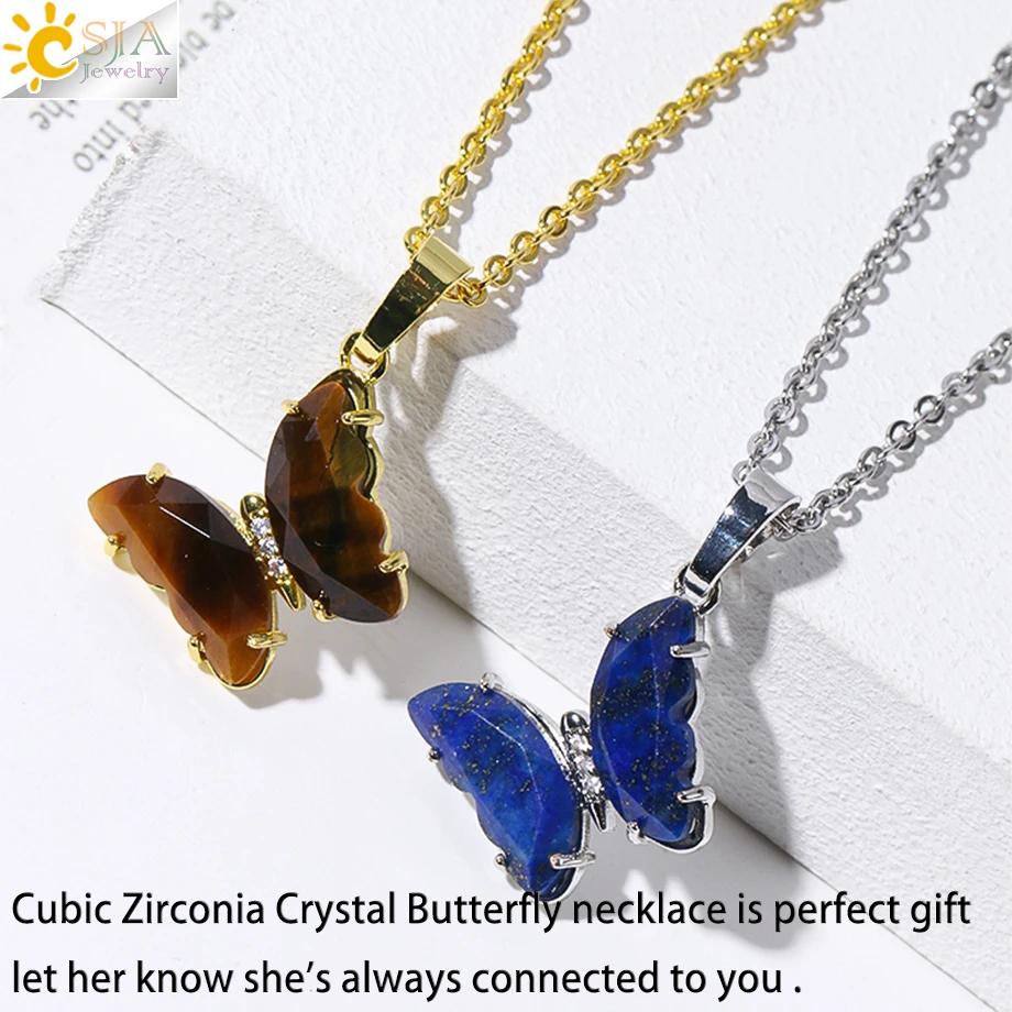 Rock Crystal Necklace Butterfly Necklaces Natural Stone Amethysts Clear Quartz Tiger Eye Pendants Stainless Steel Chain H158
