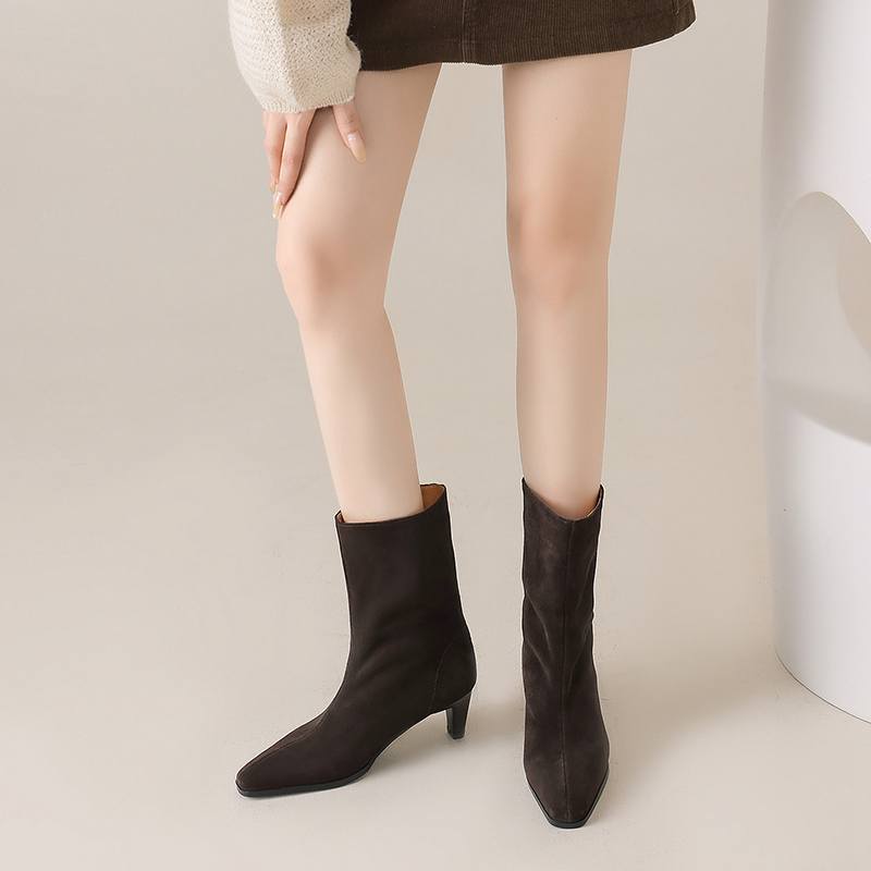 Krazing Pot Замша Нубук Осень Зима Обувь Толстый Высокий Каблук Большой Размер 43 Современные Сапоги Квадратный Носок Сохраняют Тепло Слипоны Сапоги до середины икры