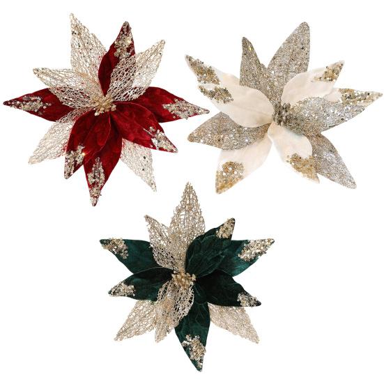 Рождественская блестящая ткань Пуансеттия Цветы 11 дюймов Большие Искусственные Цветы с Пайетками Рождественские Украшения для Вечеринки Елка Венок Гирлянда Декор