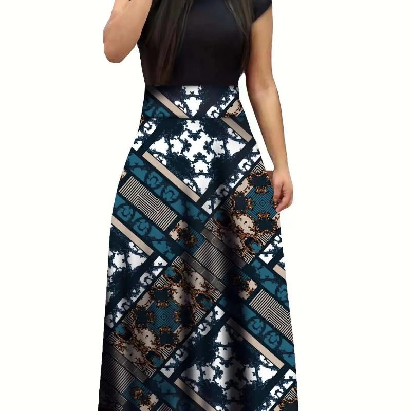 2024 European and American style flower print color matching short sleeved dress for women's large swing skirt