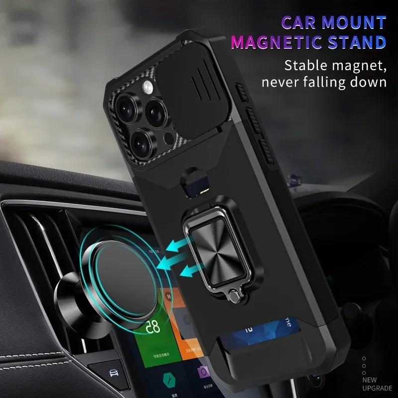 Защитный чехол для телефона IPhone 16 15 14 13 12 11 Pro Max с кольцом-подставкой, карманом для карт и защитным окошком для камеры, военного качества