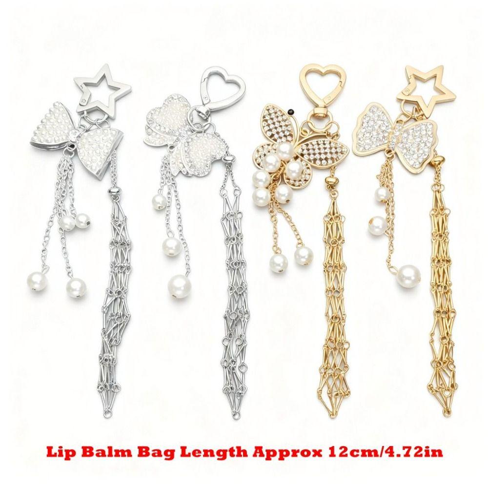 Stainless Steel Metal Net Pocket Lipstick Bag Keychain Silver Color Interchangeable Lip Balm Bag Key Chain Gold Color Y2K