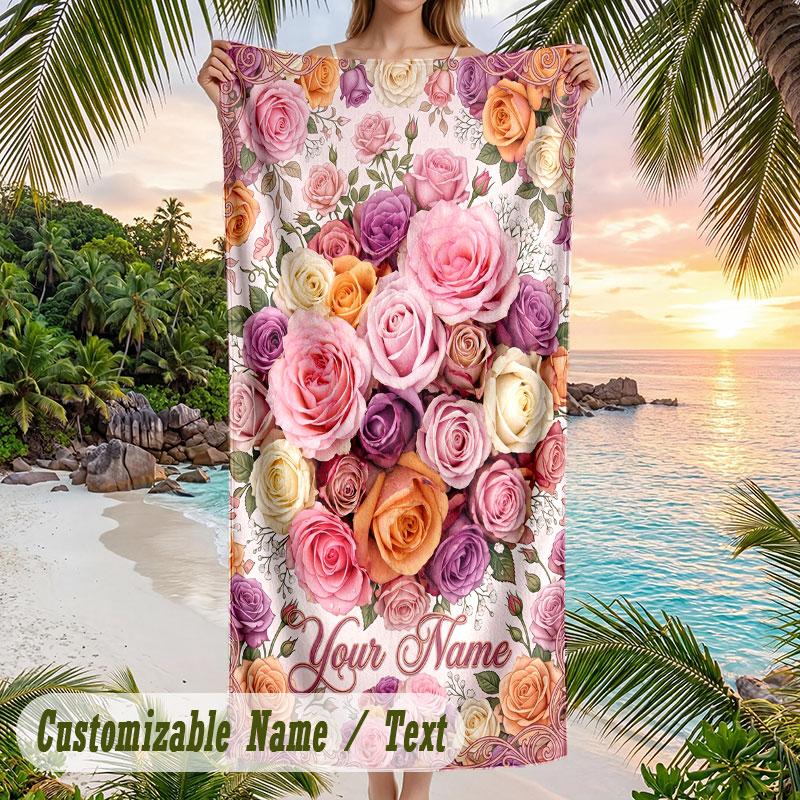 Floral Elegance 20 Theme Quick Dry Beach Towel Custom Name Text Print Large Sand Resistant Towel Beach Vacation