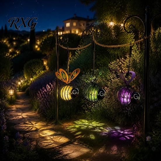 Iron Bee Statue with Lights 2Pcs Solar Hanging Lanterns, Waterproof Decorative Garden Lights, Cute Metal Yard Ornaments Insect Night for Patio