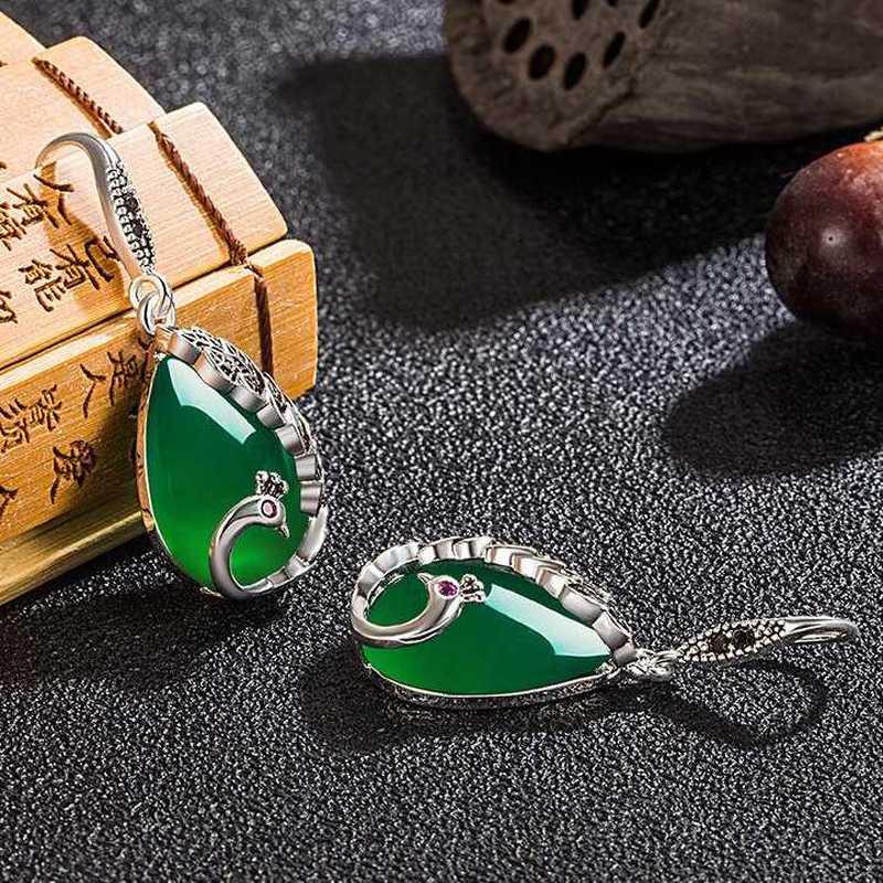 Sace Gems Серьги с зеленым агатом в национальном стиле, женские серьги с красным корундом, павлином, зеленым халцедоном, серьги в дворцовом стиле, ретро-украшения