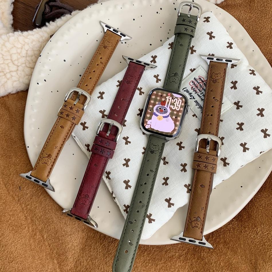 Милый кожаный браслет с узором из сердечек и звездных кошек для Apple Watch Band Серии 11/10/9/8/7/Ultra Ремешок iWatch 49/46/45/44/42/41/40/38мм